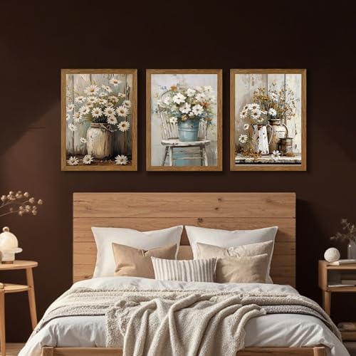 DUWQU Triptych Rustic Farmhouse Daisy Framed Canvas Wall Art 16x24 inch x3 - color: flower(Framed), size: 24"L x 16"W