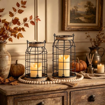 Rustic Farmhouse Candle Lantern, 2Pcs Decorative Lantern Decor with Candles | Set of 2 rustic farmhouse lantern set with candles and wood bead accents for fireplace, porch, patio and tabletop decor