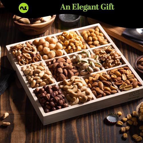 NUT CRAVINGS Gourmet Collection (12 Assortments) Sympathy Condolence | Nuts Gift Basket with Sympathy Ribbon + Greeting Card in Reusable Wooden Tray, Food Platter Healthy Snack Care Package
