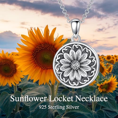 Round Locket Necklace 925 Sterling Silver Filigree/Flower Locket Necklace That Holds Pictures Birthday Christmas Jewelry Gifts for Women - color: 07-Sunflower Locket