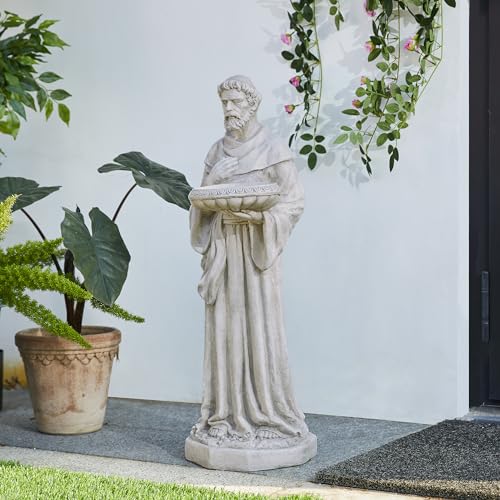 Glitzhome St. Francis Garden Statue with Birdfeeder MGO Outdoor Decoration, 32.75" H, Concrete Gray - style: St. Francis with Birdfeeder