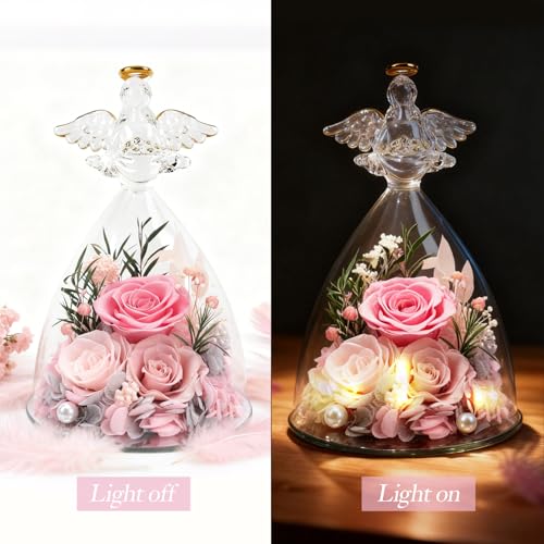 Casaido Mothers Day Rose Gifts for Women, 7" Pink Preserved Roses Flowers in Glass Angel Figurine, Birthday Gift for Mom Wife Grandma, Eternal Rose for Valentines Christmas Anniversary - color: Pink