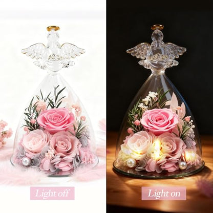 Casaido Mothers Day Rose Gifts for Women, 7" Pink Preserved Roses Flowers in Glass Angel Figurine, Birthday Gift for Mom Wife Grandma, Eternal Rose for Valentines Christmas Anniversary - color: Pink