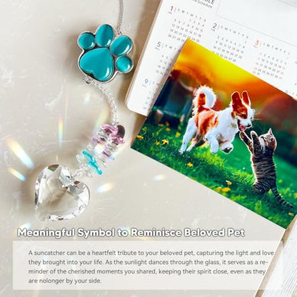 Dog Memorial Gifts for Loss of Dog, Pet Sympathy, Dog Memorial Suncatcher | Thoughtful Dogs and Cats Bereavement Remembrance Gifts, Natural Cat's Eye Paw Crystal Suncatcher - color: Peacock Blue