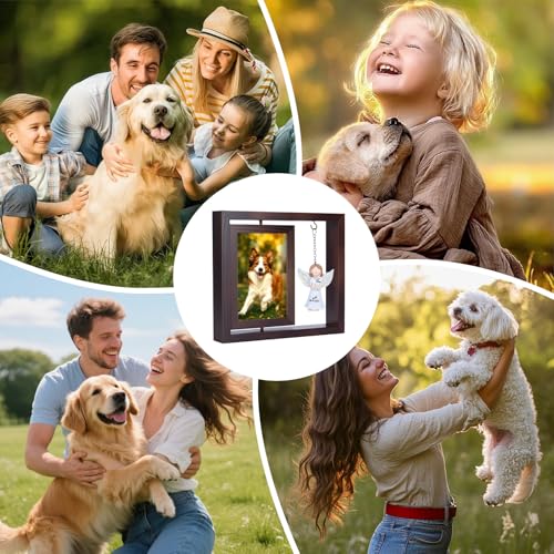 Rotating Wooden Picture Frame with Resin Angel for Loss of Dogs | Brown Loss of Dogs Cat Sympathy Gift, Holds 4x6 Photo, Pet Loss Remembrance Bereavement Keepsake, Dog Memorial Gifts - color: Brown