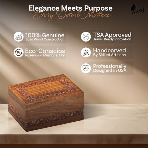 Borders Wooden Urns for Human Ashes Adult Funeral Urn, Wooden Cremation Urns for Ashes Engraving, Wooden Box (L (9x6x5) 185 Cu/in, Custom Border Carved) | Hand-carved solid sheesham rosewood, screw-locked sliding base, engraving available, holds up to 180
