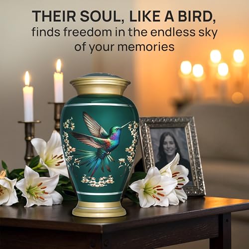Remoria Cremation Urns for Human Ashes, Large Adult Green Hummingbird Urn | Funeral Urn for Female & Male, 185 Cu In, Gift Box and Velvet Bag Included - color: Green