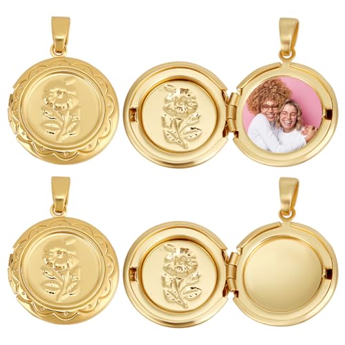Beebeecraft 1 Box 6Pcs Gold Locket Charm Openable Flat Round with Flower Real 18K Gold Plated Brass Lockets Memory Photo Frame Pendants Charms for Jewelry Making Charms Necklace Supplies DIY Craft
