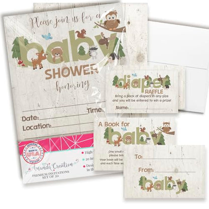 Baby Shower Invites Gender Neutral – Woodland Animal Invitation Bundle with Diaper Raffle Tickets, Book Request Cards & Envelopes. Set of 20 5X7 Woodland Creatures Boy or Girl Invitation Kit Sets - style: Woodland Animal