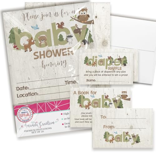 Baby Shower Invites Gender Neutral – Woodland Animal Invitation Bundle with Diaper Raffle Tickets, Book Request Cards & Envelopes. Set of 20 5X7 Woodland Creatures Boy or Girl Invitation Kit Sets - style: Woodland Animal