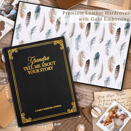Lanpn Grandpa Life Story Book Journal with 270+ Prompts, Leather Hardcover Grandfather Guided Journal to Fill Out Memory Keepsake Book, Father's Day Birthday Christmas Gift for Grandpas, Black - color: Black