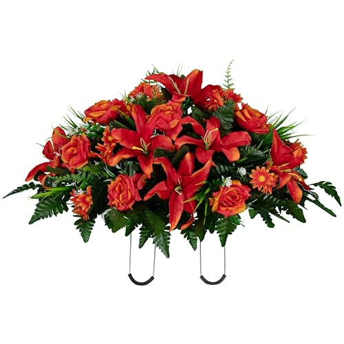 Sympathy Silks 30" Headstone Flower Saddle Artificial Cemetery Flowers - Gravesite Flowers - Fire Red Lily, Rose, and Daisies - color: Fire Red, size: Saddle