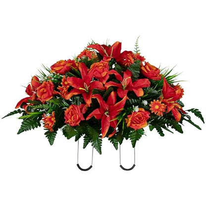 Sympathy Silks 30" Headstone Flower Saddle Artificial Cemetery Flowers - Gravesite Flowers - Fire Red Lily, Rose, and Daisies - color: Fire Red, size: Saddle