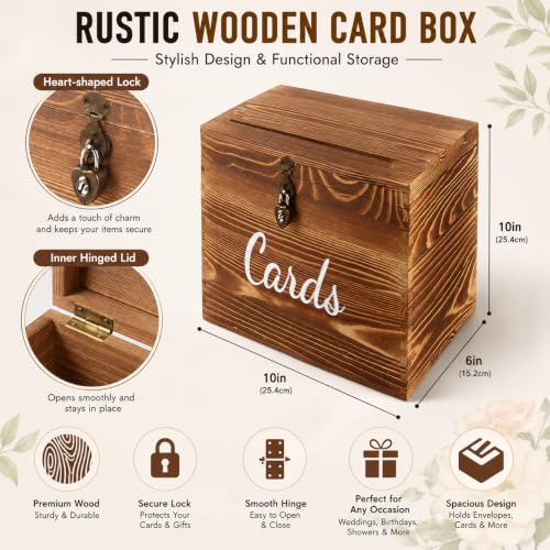 Rustic Wooden Card Box with Lock（ 10×10×6 in:Wedding,Shower Anniversary etc