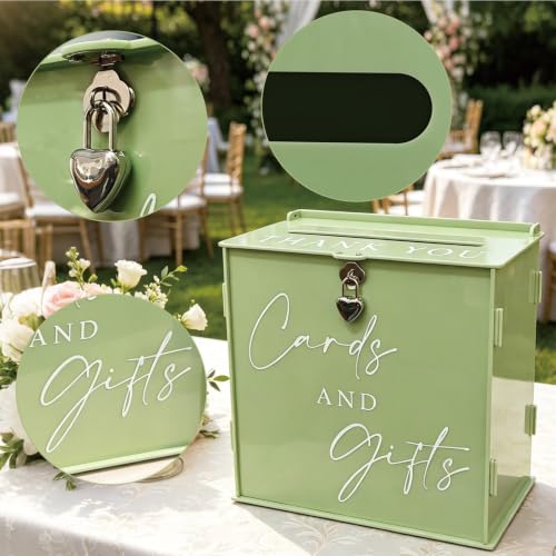 Acrylic Card Box with Lock & Slot, Sage Green Money Gift Card Box for Wedding Reception, Cash Envelope Box Ideal for Graduation Bridal Baby Shower Engagement & Anniversary Party Supplies - color: Sage Green