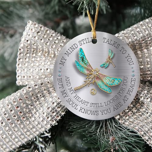 Christmas Dragonfly Memorial Ceramic Ornament | My Mind Still Talks to You, Remembrance Tree Decor, Sympathy Gift for Loss of Loved One, In Loving Memory Keepsake