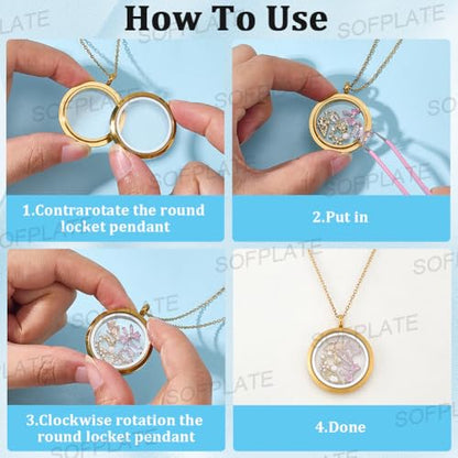 4 Size 8Pcs 4 Sets Real 18K Gold Plated Floating Charm Locket Necklace Round Memory Locket Stainless Steel Clear Glass Photo Pendant Living Picture Keepsake Necklace for Women Friendship DIY - style: 4 sizes gold