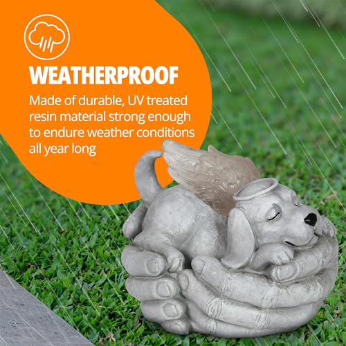 Exhart Dog Statue, Solar Cradled Pet Memorial Garden Sculpture, LED Light Angel Wings, Outdoor Garden Decoration, 8 x 5 Inch