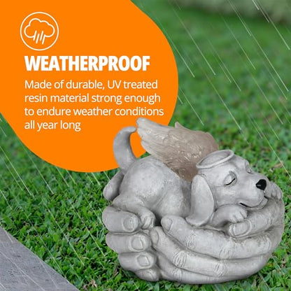 Exhart Dog Statue, Solar Cradled Pet Memorial Garden Sculpture, LED Light Angel Wings, Outdoor Garden Decoration, 8 x 5 Inch