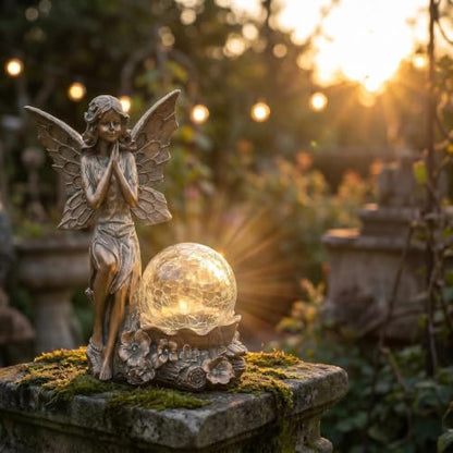 Solar Fairy Garden Statue with Crackled Glass Globe Light - color: Bronze Bronze Fairy