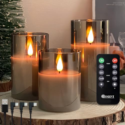 LEDHOLYT Rechargeable Flameless Grey Glass Candles–Gifts for Women,–Set of 3, Realistic Flickering LED Light,Remote & Timer, Ideal for Living Room, Bedroom & Festival Home Party Decor - color: Grey Glass-Droplet