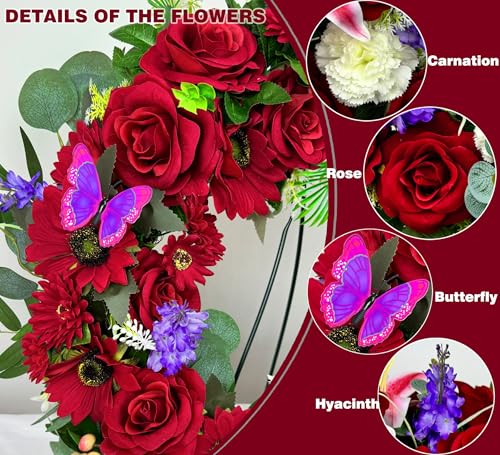 Cemetery Wreath for Grave, Red Roses Memorial Wreath with 30 Inch Easeal Stand, Fade-Resistant