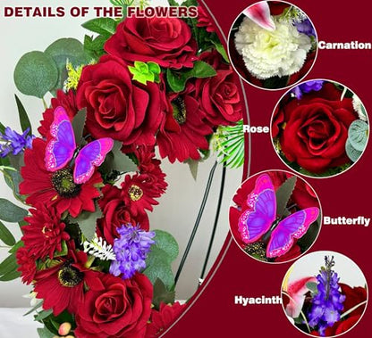 Cemetery Wreath for Grave, Red Roses Memorial Wreath with 30 Inch Easeal Stand, Fade-Resistant