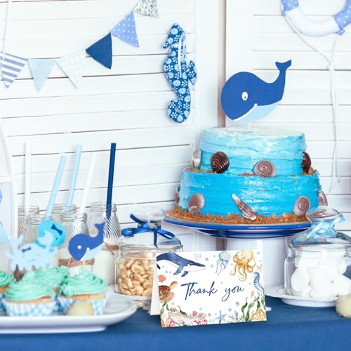 FYSUIMU 24 Pack Ocean Thank You Cards Blue Cartoon Under The Sea Note Cards with Envelopes Stickers Marine Animals Blank Greeting Card for Summer Birthday Baby Shower - style: Sea Animals