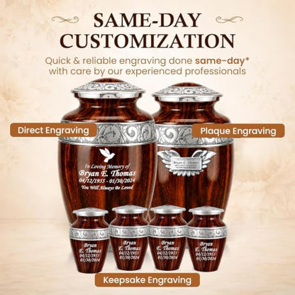 Set of 6 Custom Engraved Wooden Grain Cremation Urns for Human Ashes Adult Male & Female - Includes 1 Large Wooden Grain Urn with 4 Small Keepsakes & 1 Silver NecklaceUrn - color: Wooden Grain - Custom Strandard Set