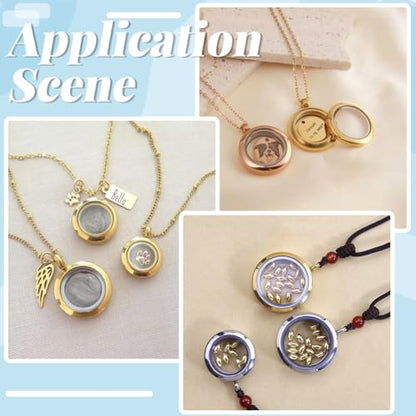 4 Size 8Pcs 4 Sets Real 18K Gold Plated Floating Charm Locket Necklace Round Memory Locket Stainless Steel Clear Glass Photo Pendant Living Picture Keepsake Necklace for Women Friendship DIY - style: 4 sizes gold