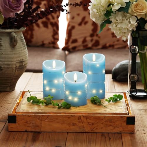 Homemory Flameless Candles with String Lights, 3 Pack Embedded Fairy String Lights LED Candles, Electric Flickering Candles with Remote Control and Timer, Real Wax, Blue - color: Blue