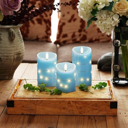 Homemory Flameless Candles with String Lights, 3 Pack Embedded Fairy String Lights LED Candles, Electric Flickering Candles with Remote Control and Timer, Real Wax, Blue - color: Blue
