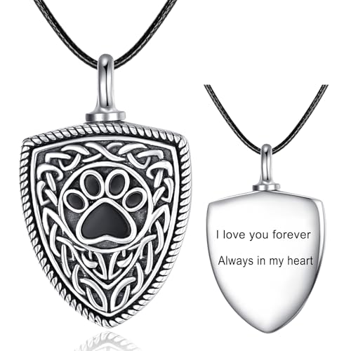 Dreamboat Pet Urn Necklace for Dog Cat Ashes 925 Sterling Silver Paw Print Cremation Keepsake Pendant Celtic Knot Memorial Jewelry Gifts for Women Men - style: 02B-Shield (Silver Personalized)
