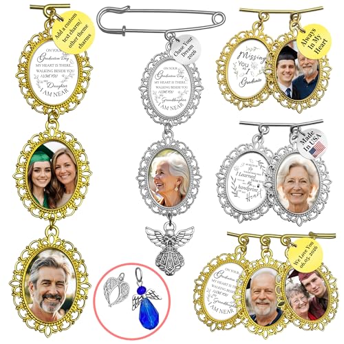 Wedding Bouquet Photo Charms Memorial Custom Boutonniere Bachelor Bridal - style: Oval (Gold/ Silver) Graduation Theme