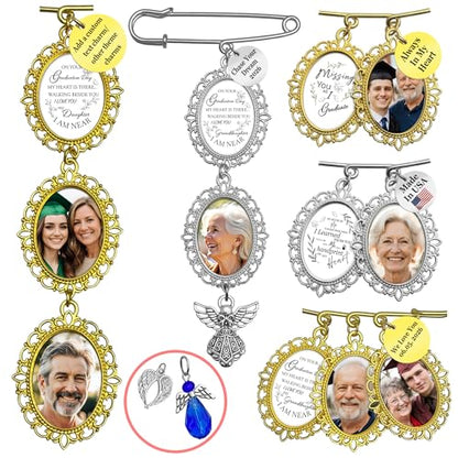 Wedding Bouquet Photo Charms Memorial Custom Boutonniere Bachelor Bridal - style: Oval (Gold/ Silver) Graduation Theme