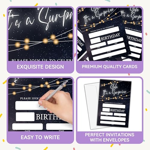 Birthday Invitations - Black Gold Glitter Bday Invites with Envelopes(25-Count) - It's a Surprise Fill-in Invite Cards for Party Supplies Favors Decorations - F06 - style: Shh