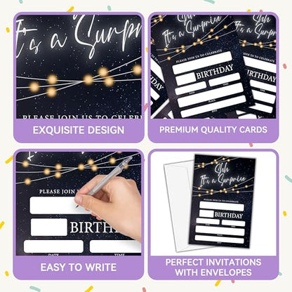 Birthday Invitations - Black Gold Glitter Bday Invites with Envelopes(25-Count) - It's a Surprise Fill-in Invite Cards for Party Supplies Favors Decorations - F06 - style: Shh