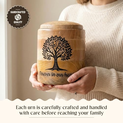 Large Wooden Cremation Urn for Human Ashes – 200 Cubic Inch Tree of Life Engraved Memorial Urn, Natural Wood, Adult Male Female - size: Large 200 Cu In