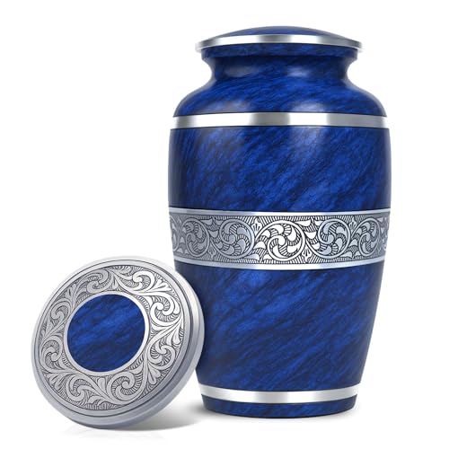 Elegant Blue Metallic Urn for Human Ashes Adult - Marble Finish - Large Handcrafted Cremation Memorial with Threaded Secure Lid - Tribute for Men and Women