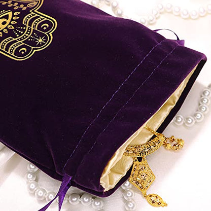 ARTSY CRAFTS 6x9" Hamsa Hand Velvet Jewelry Pouch Gift Bags, Fatima Hand Evil Eye Velvet Drawstring Oracle Tarot Card Rune bags Dice Bag (2pk Eggplant Purple) - color: 2pk Eggplant Purple