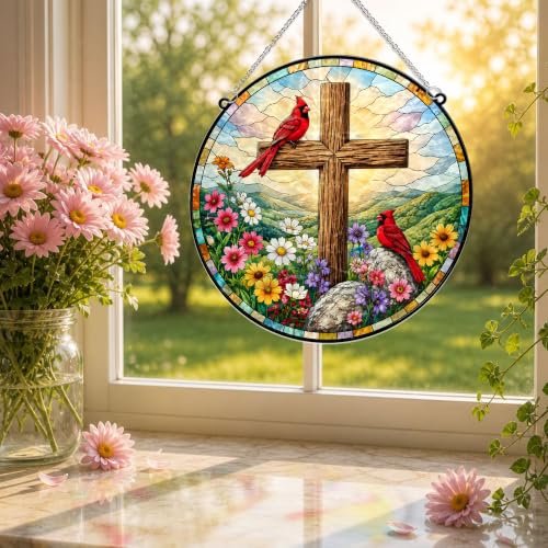 Cardinals with Jesus Cross Memorial Suncatcher, 8" Christian Stained Glass Wavy Acrylic Window Hanging, Sympathy Gift for Loss of Loved One, Mom, Dad, Grandma, Family Member, Religious Gifts for Women - color: Cardinal With Jesus Cross