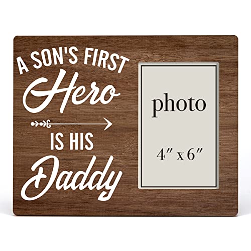 Zauly Daddy and Son Wooden Picture Frame Gift for Father New Baby Dad | A Son's First Hero Wood Photo Frame Gifts for Father's Day Birthday Christmas, Tabletop and Wall Mounting, 4X6 Inch Photo - color: Hero