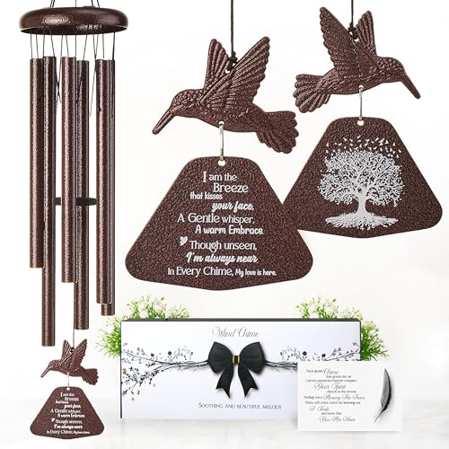 32 inch Bronze Hummingbird Memorial Wind Chimes for Loss of Loved One | Memorial gift for loss of mom, dad or husband, remembrance keepsake, poem card and quiet-hours mute - color: Hummingbird, size: 32" Bronze