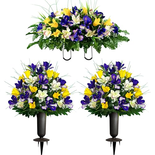 Artificial Cemetery Flowers - Grave Decoration - Yellow Tulips and Purple Iris (1) Headstone Saddle (2) Bouquets (2) Vases - color: Yellow/Purple, size: (1) Saddle (2) Bouquets (2) Vases