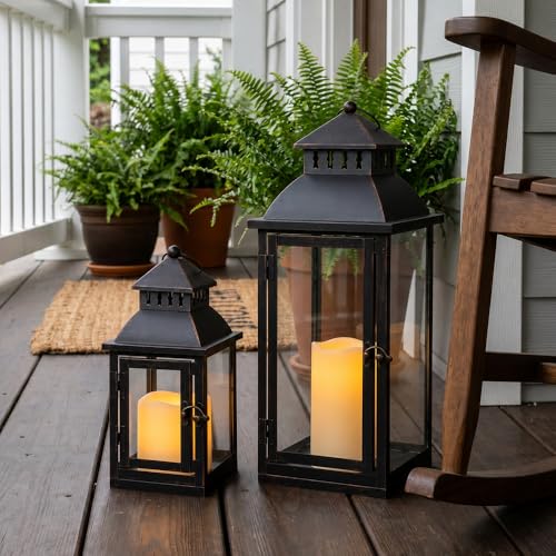 NEEDOMO Lanterns Decorative Outdoor&Indoor, Set of 2 Large Bronze Metal Lantern Decor with Glass, Candle Holder for Porch, Patio, Garden, Balcony, Wedding, Table Centerpiece Decor with LED Candles - size: 17" & 11" / Glass / LED Candles