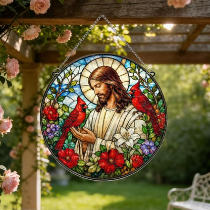 Jesus with Cardinals Memorial Suncatcher, 8" Christian Stained Glass Wavy Acrylic Window Hanging, Sympathy Gift for Loss of Loved One, Mom, Dad, Grandma, Family Members, Religious Gifts for Women - color: Jesus With Cardinals