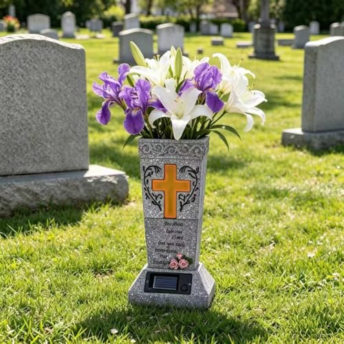 HUYIENO Solar Cemetery Vase for Grave Decor Cemetery Decor Waterproof Memorial Fresh or Artificial Flowers Holder with Warm Cross Light Sympathy Gifts for Loss of Loved One - style: Cross