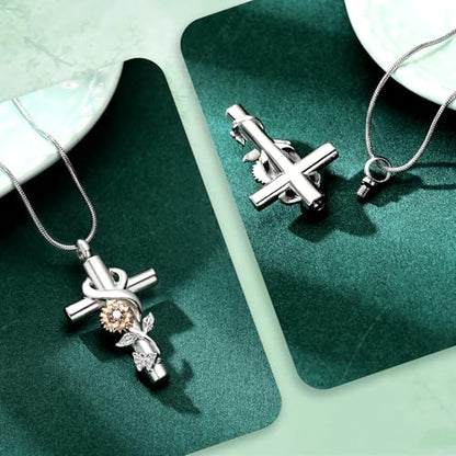 Cross Sunflower Cremation Jewelry Urn Necklaces Cross Urn Pendant Necklaces for Ashes Memorial Keepsake Pendant for Women Men Gifts With Funnel Kit & Bag - color: Rose+Purple