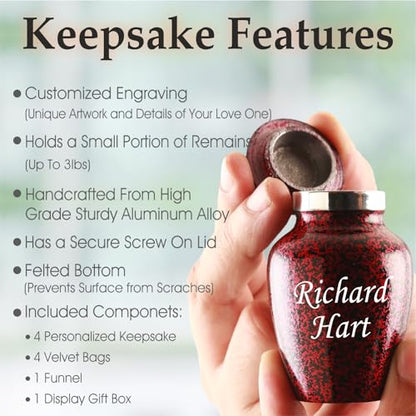 Customized Small Urns for Human Ashes Set of 4, Brown Keepsake Cremation Urns with Personalized Engraving, Guardian Elephant Design, Velvet Pouches & Gift Box