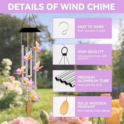 Solar Wind Chimes for Outside Color Changing Light, Purple Butterfly - color: Purple Butterfly